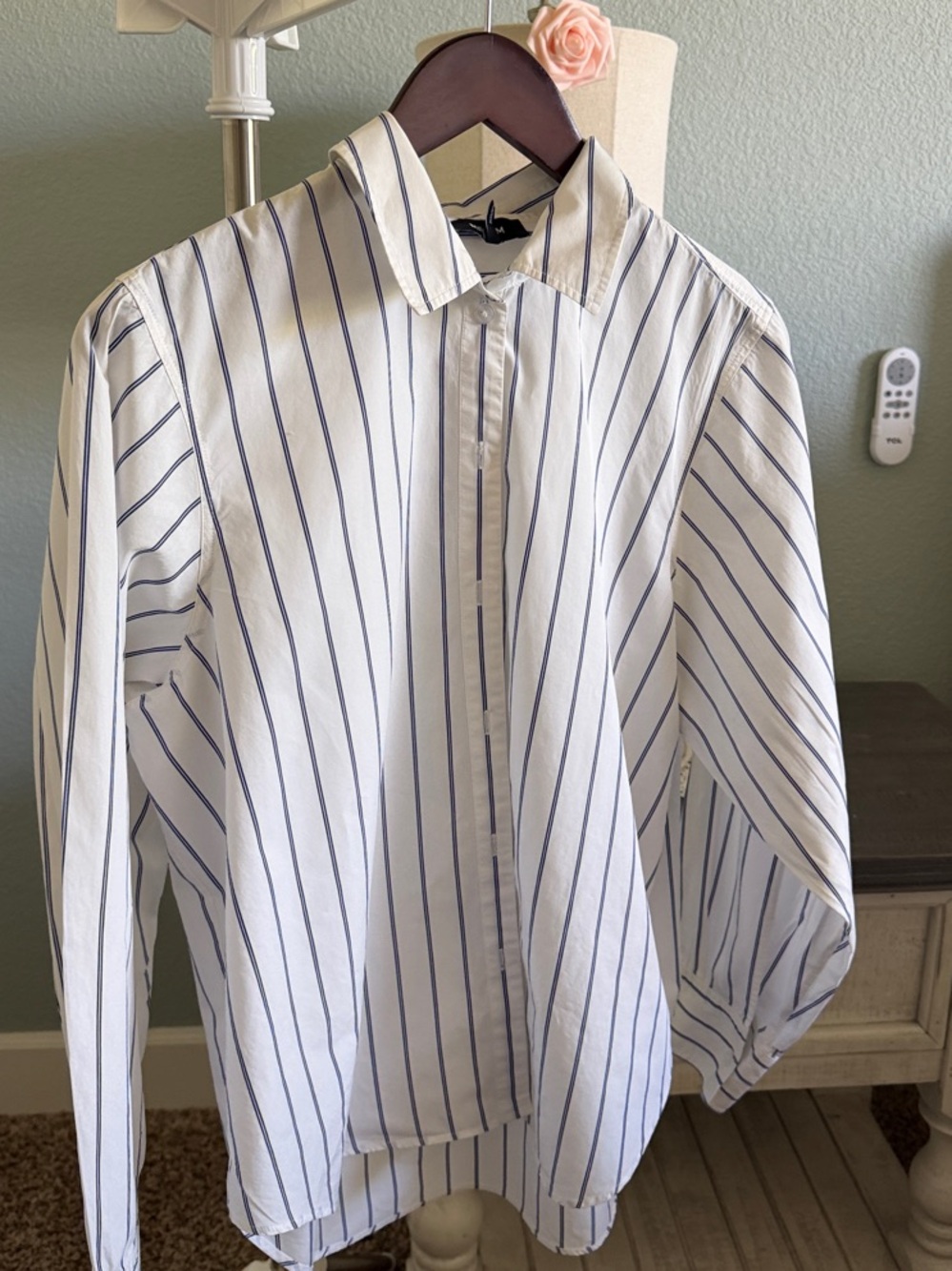 Women's White Button-Down Shirt with Blue Pinstripes
